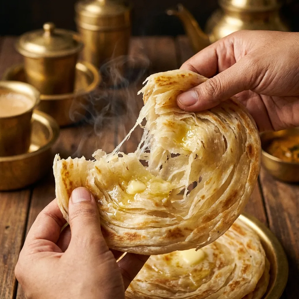Handmade South Indian Parotta being pulled apart