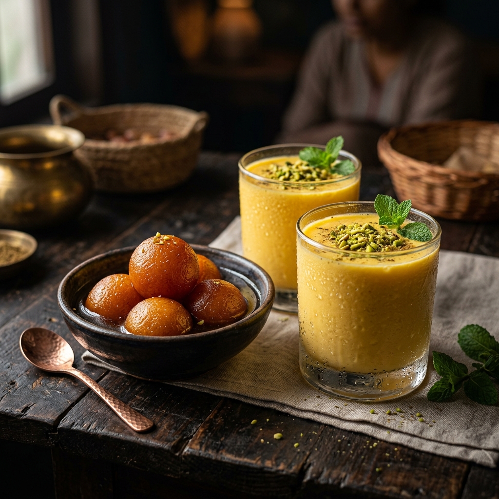 Gulab Jamun and Mango Lassi