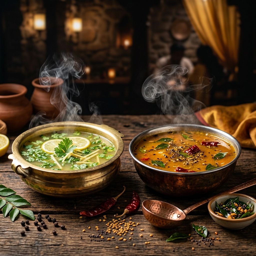 Traditional South Indian rasam and lemon coriander soup in brass bowls — steaming hot soul-warming soups at Parotta Palace near St. Louis